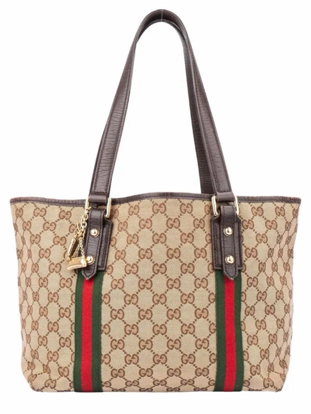 Gucci Beige GG Canvas Tote with Green and Red Web Stripe and Brown Leather